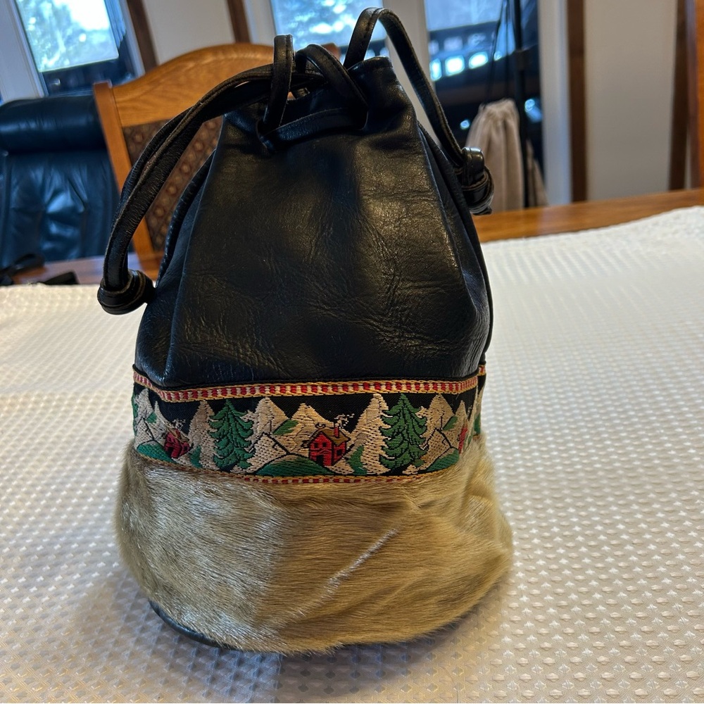 Genuine Black Leather and Seal Fur Drawstring Bucket Bag